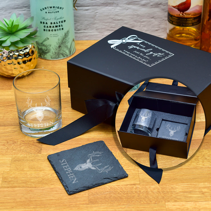 Luxury Gift Boxed Stag Glass Tumbler and Coaster Set