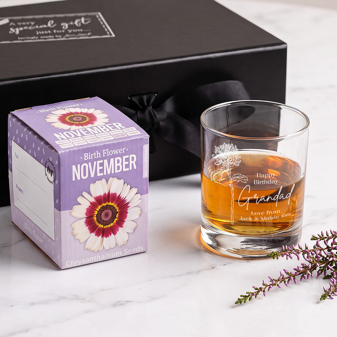 Birth Flower Seeds And Whiskey Tumbler Birthday Gift Set