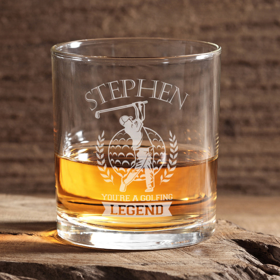 Golfing Legend Whiskey Glass Tumbler and Golf Balls