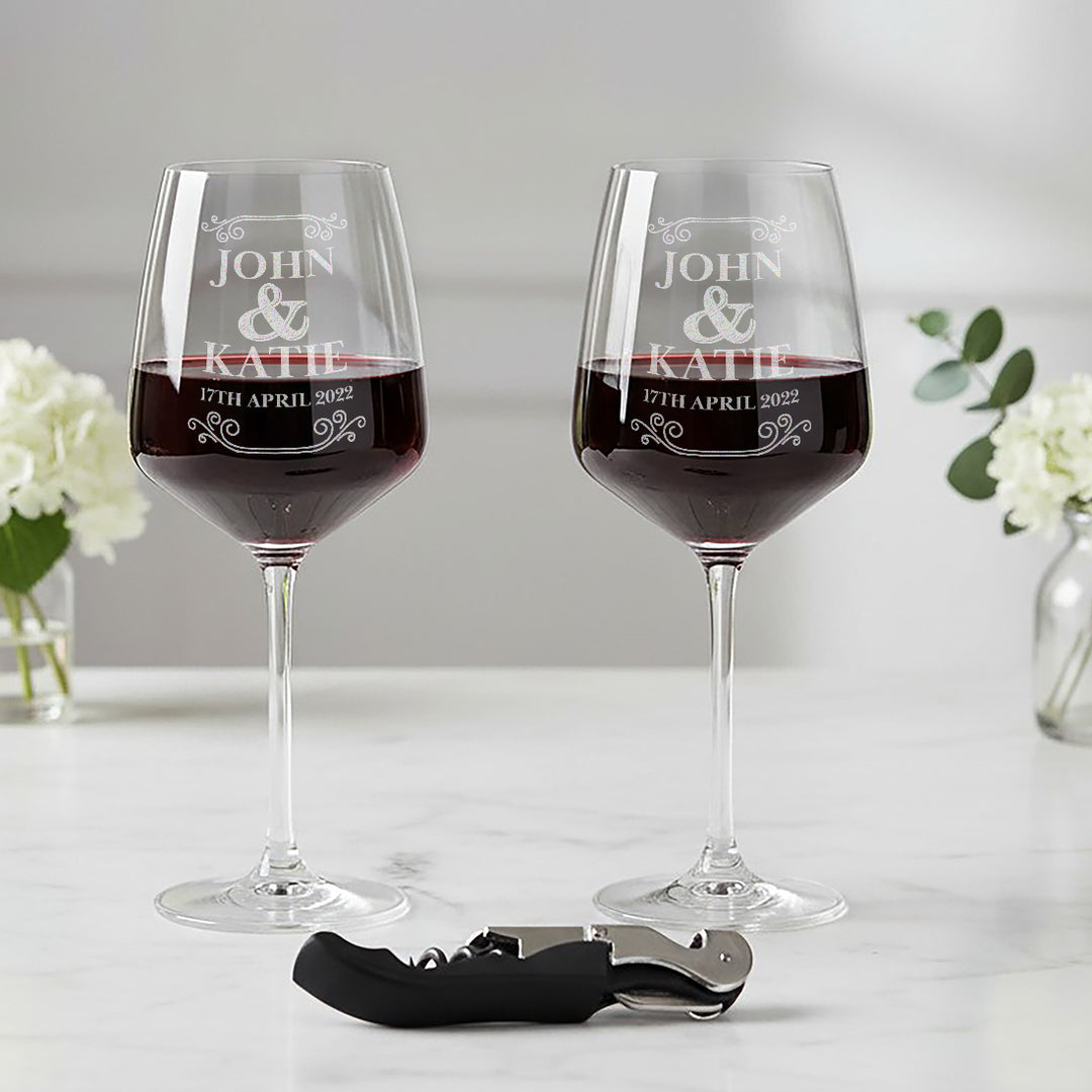 Pair of Vintage Frame Wedding Anniversary Stemmed Wine Glasses