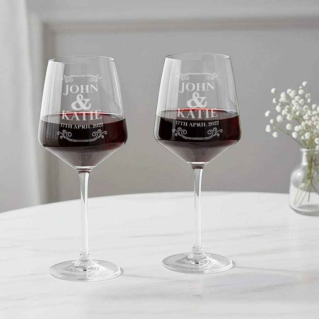 Pair of Vintage Frame Wedding Anniversary Stemmed Wine Glasses