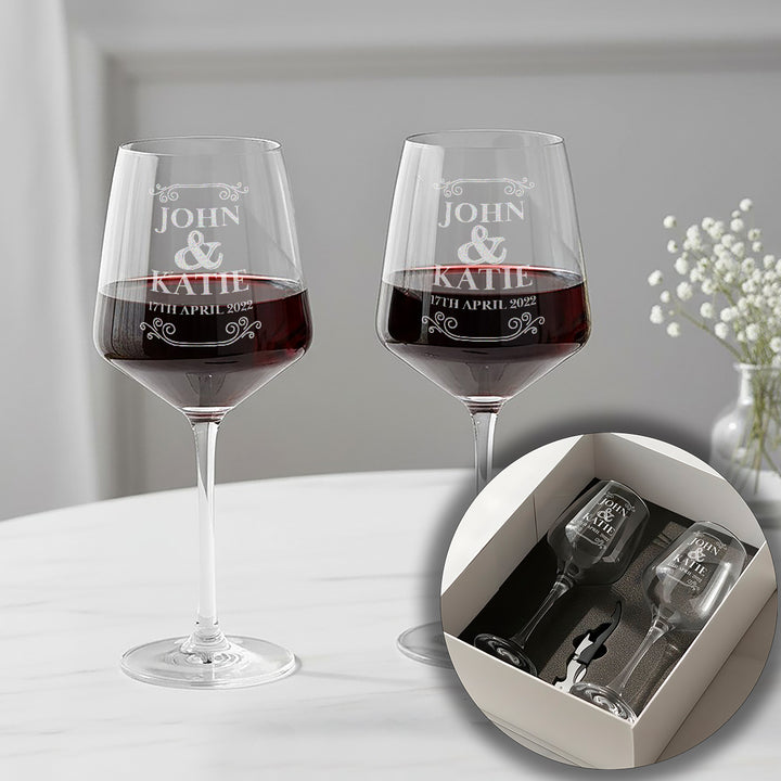 Pair of Vintage Frame Wedding Anniversary Stemmed Wine Glasses