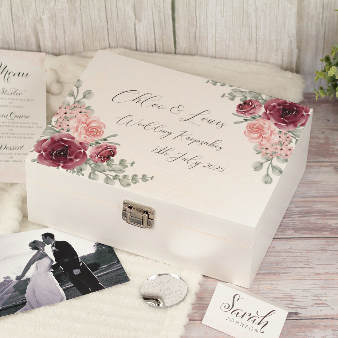 Watercolour Roses Wedding Memory Keepsake Box
