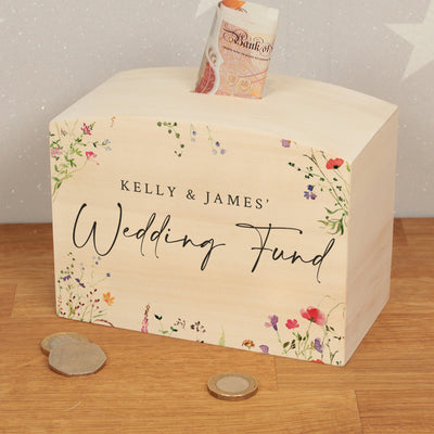 Watercolour Wildflower Wedding Fund Wooden Money Savings Box Piggy Bank
