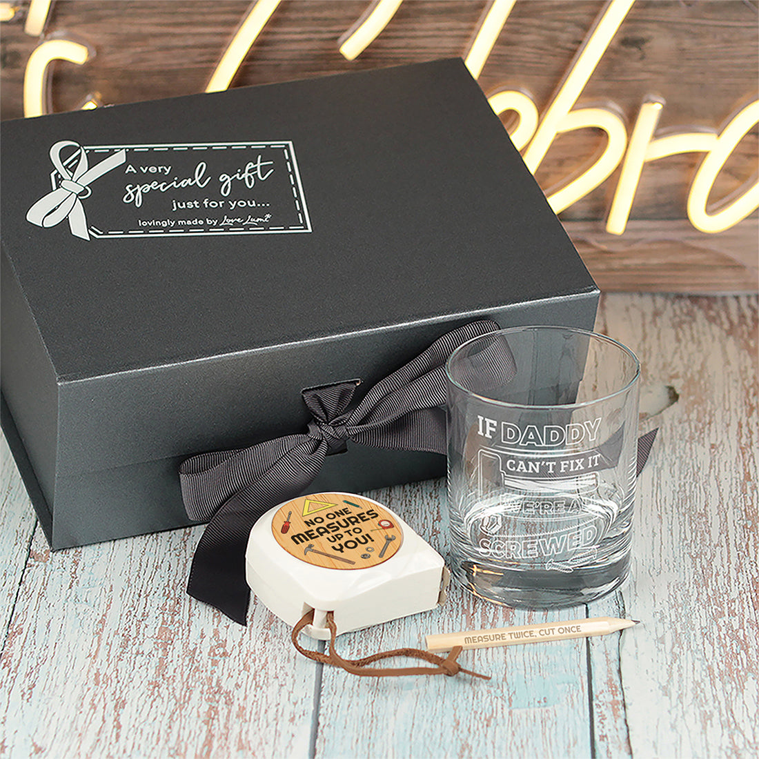 We're all Screwed Whiskey Glass Tumbler and Tape Measure Boxed Gift Set