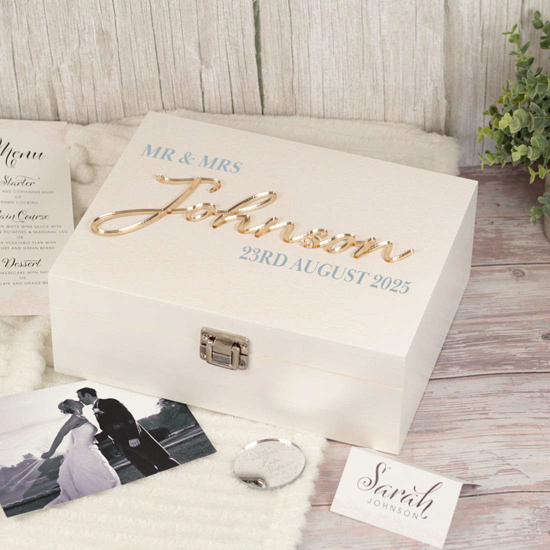 Whitewash Wooden Wedding Memory Keepsake Box with 3D mirror detail