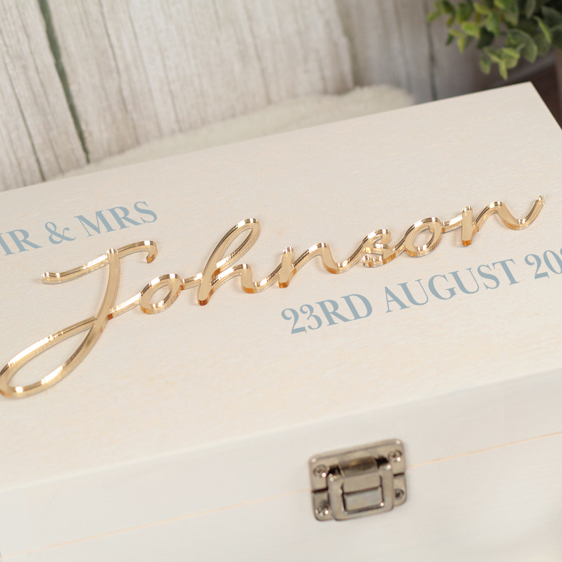 Whitewash Wooden Wedding Memory Keepsake Box with 3D mirror detail