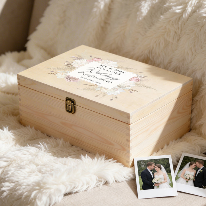 Wedding Blush Flowers Large Wooden Keepsake Box