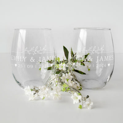 Personalised Wedding Mr & Mrs Botanical Frame Pair of Engraved Stemless Glasses