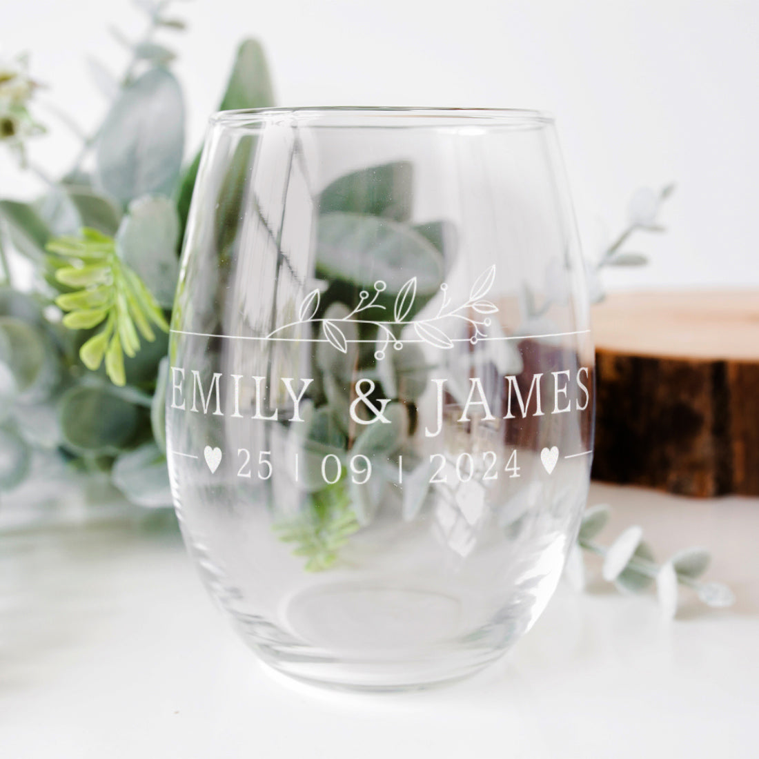 Personalised Wedding Mr & Mrs Botanical Frame Pair of Engraved Stemless Glasses-Love Lumi Ltd
