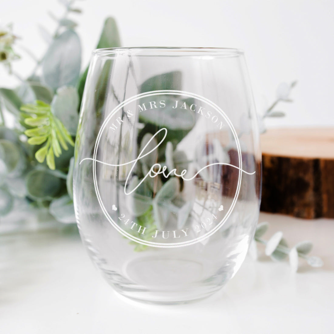 Personalised Wedding Mr & Mrs Classic Frame Pair of Engraved Stemless Glasses-Love Lumi Ltd