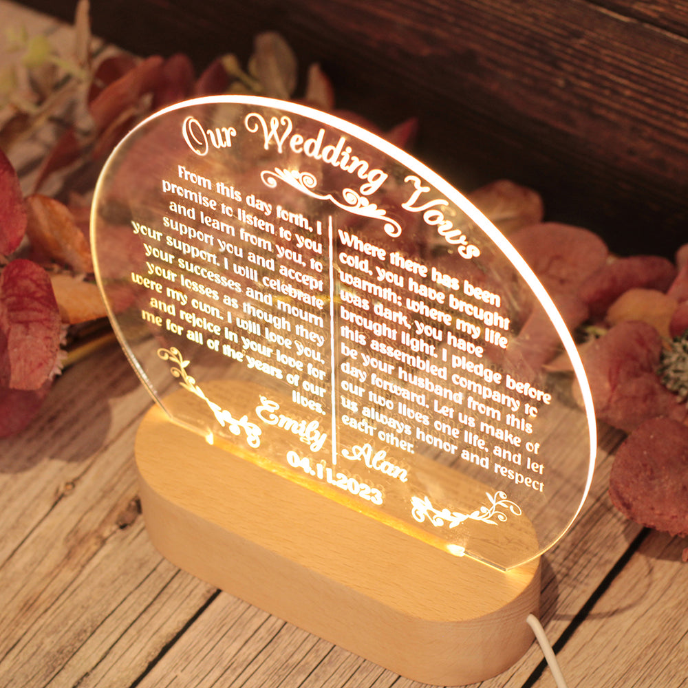 Personalised Wedding Vows Wooden Base Night Light Lamp | Anniversary Gift-Love Lumi Ltd
