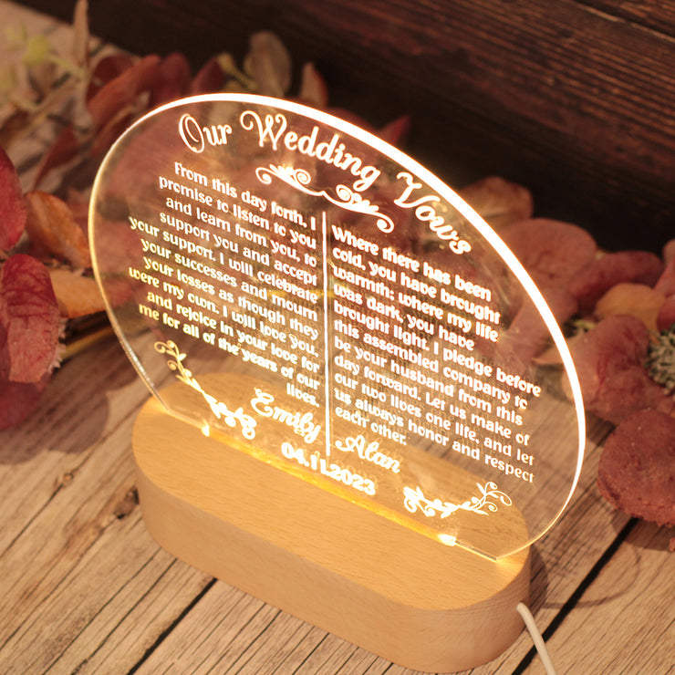 Personalised Wedding Vows Wooden Base Night Light Lamp | Anniversary Gift