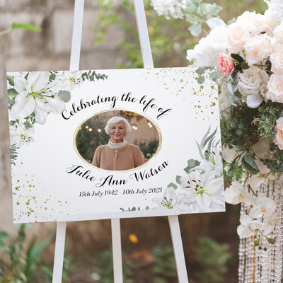 White Lily Photo Printed Celebration of Life Funeral Memorial Welcome Sign