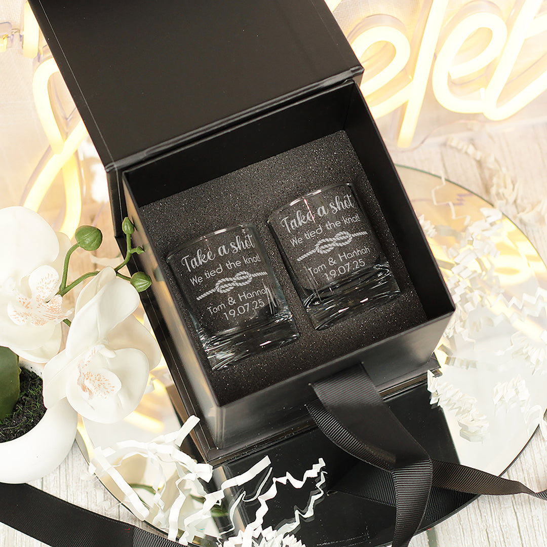 Pair of We Tied the Knot Wedding Gift Shot Glasses