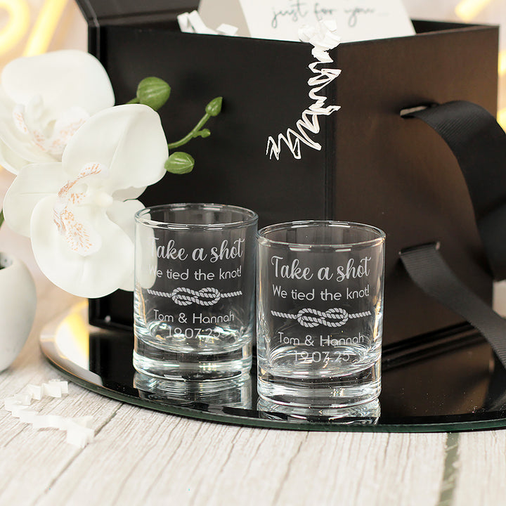 Pair of We Tied the Knot Wedding Gift Shot Glasses