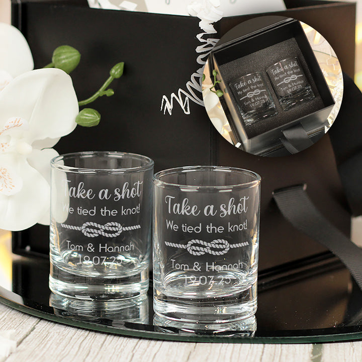 Pair of We Tied the Knot Wedding Gift Shot Glasses