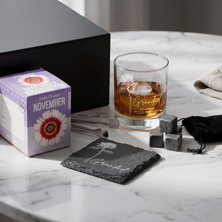 Birth Flower Seeds And Whiskey Tumbler Birthday Gift Set