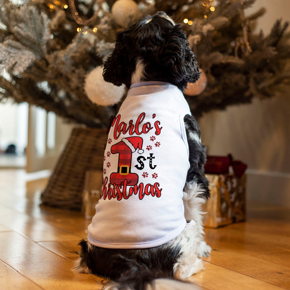 Personalised Puppy's 1st Christmas Pet Dog White Tank Top T-Shirt-Love Lumi Ltd