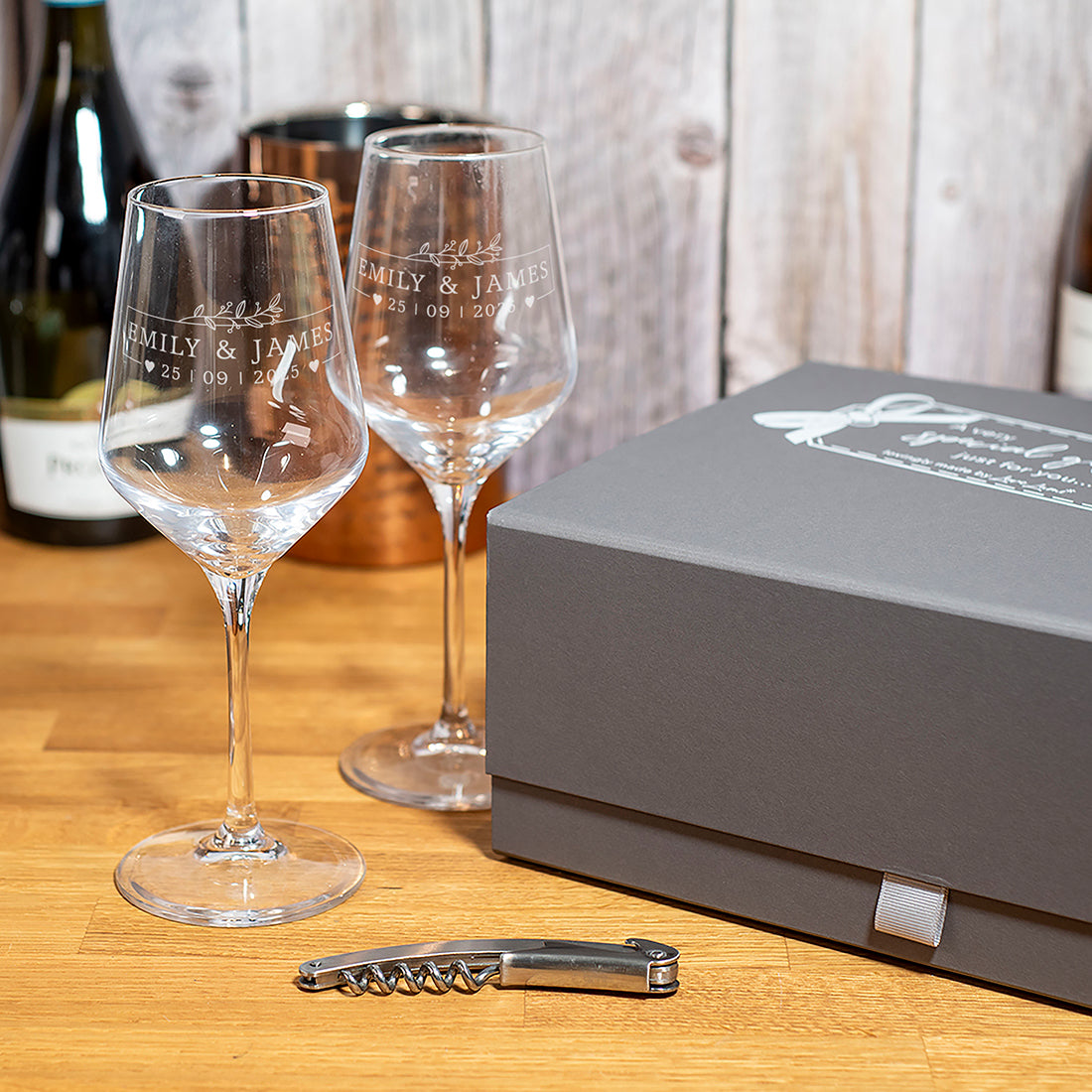 Botanical Frame Pair Of Stemmed Wedding Anniversary Wine Glasses-Love Lumi Ltd