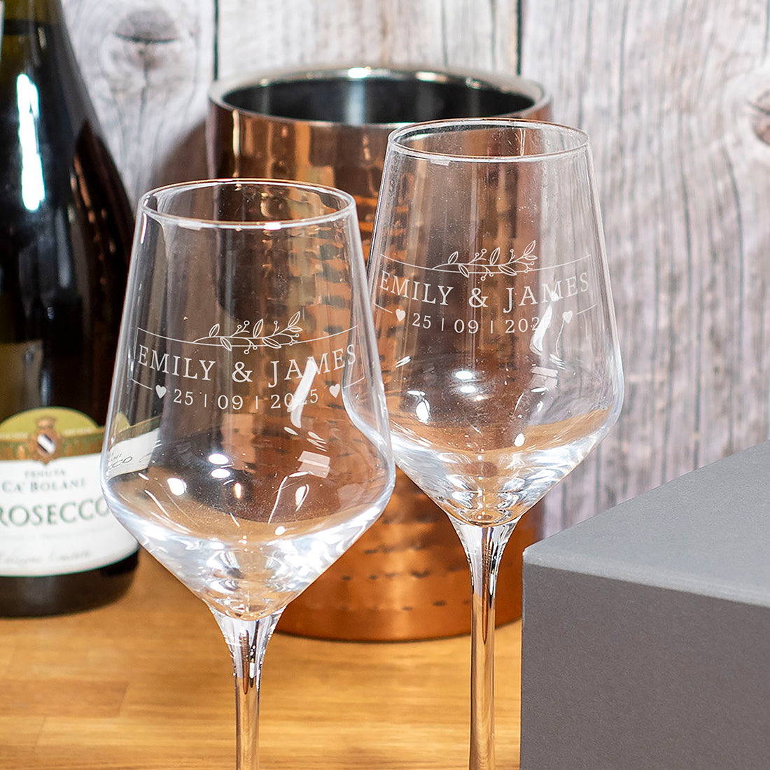 Botanical Frame Pair Of Stemmed Wedding Anniversary Wine Glasses-Love Lumi Ltd