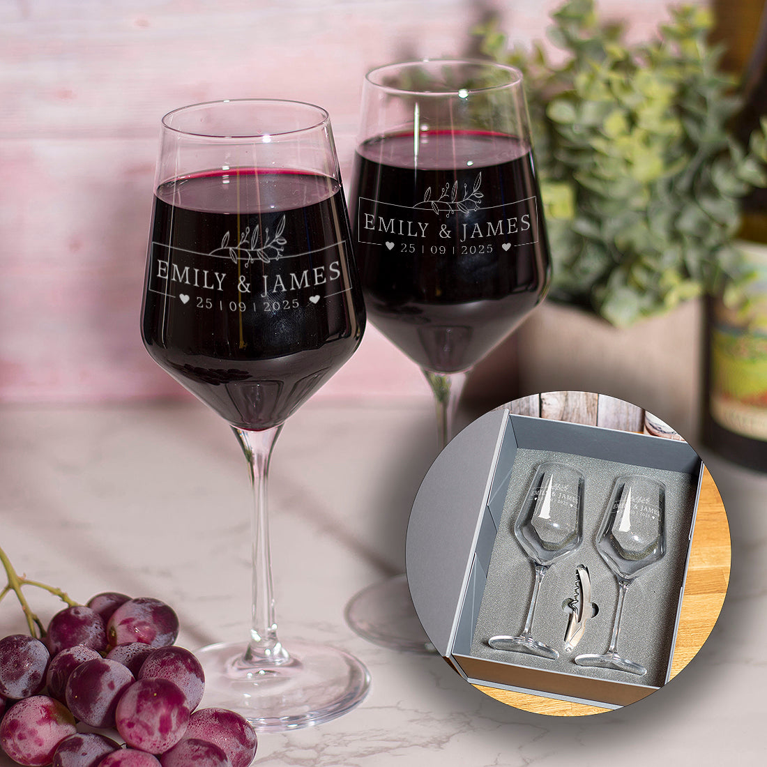 Botanical Frame Pair Of Stemmed Wedding Anniversary Wine Glasses-Love Lumi Ltd