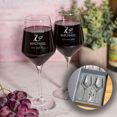 Personalised Love Heart Names Pair of Stemmed 365ml Wine Glasses-Love Lumi Ltd