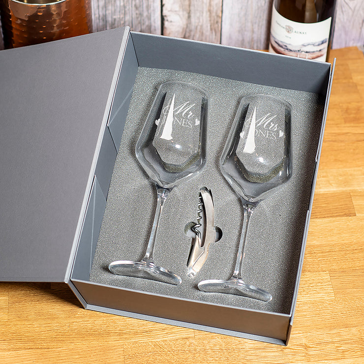 Mr And Mrs Love Heart Pair Of Stemmed Wine Glasses-Love Lumi Ltd