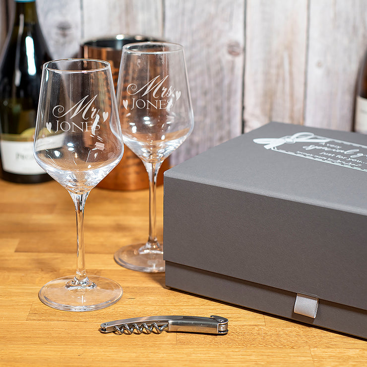 Mr And Mrs Love Heart Pair Of Stemmed Wine Glasses-Love Lumi Ltd