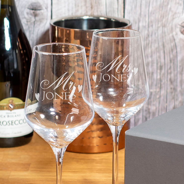 Mr And Mrs Love Heart Pair Of Stemmed Wine Glasses-Love Lumi Ltd