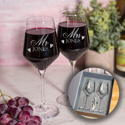 Mr And Mrs Love Heart Pair Of Stemmed Wine Glasses-Love Lumi Ltd