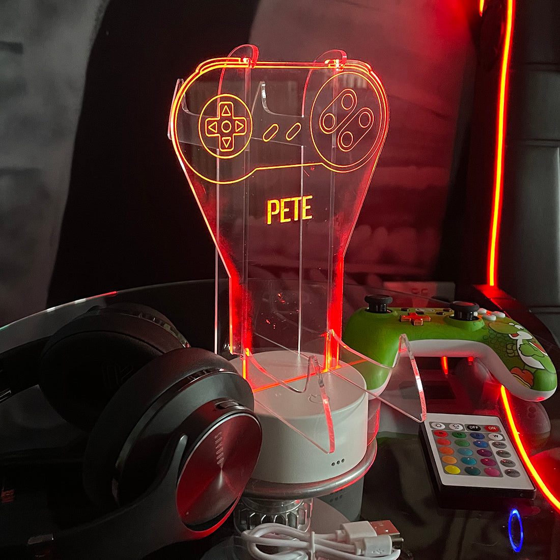 Personalised Neon Red Retro Games Controller and Headset Gaming Station-Love Lumi Ltd