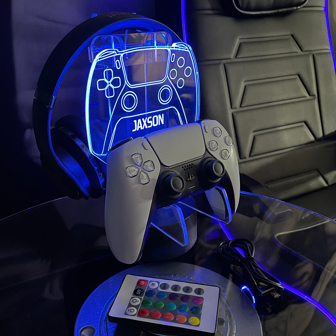 Personalised Neon Blue Games Controller and Headset Gaming Station-Love Lumi Ltd