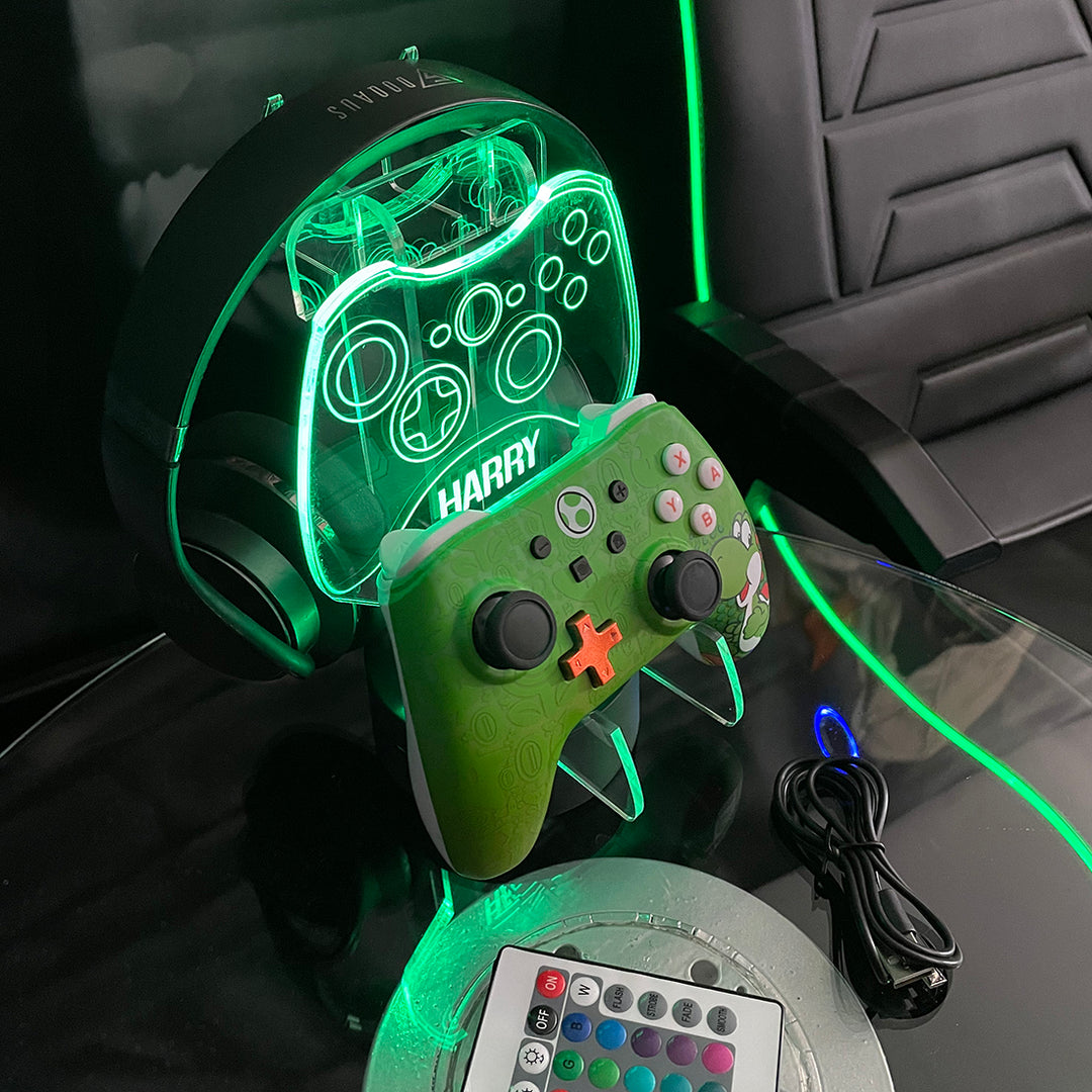 Personalised Neon Green Games Controller and Headset Gaming Station Love Lumi Ltd