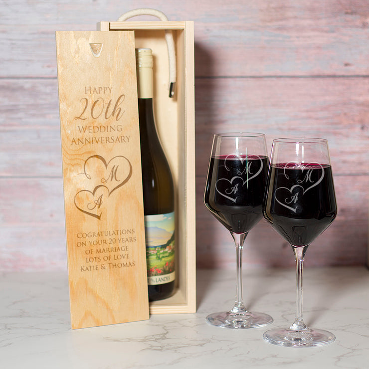 Personalised Love Heart Initials Wedding Anniversary Wine Bottle Gift Box and Glasses-Love Lumi Ltd