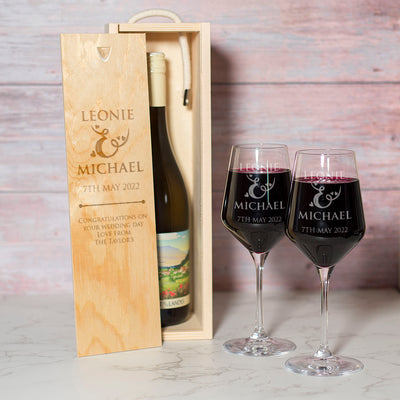 Personalised Love Heart Names and Special Date Wedding Anniversary Wine Bottle Gift Box and Glasses-Love Lumi Ltd
