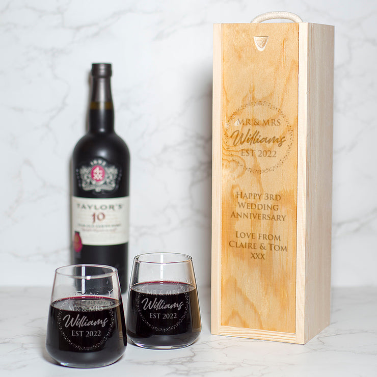 Personalised Sparkly Circle Wedding or Anniversary Wine Bottle Gift Box and Glasses-Love Lumi Ltd