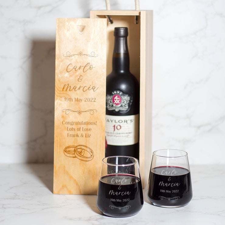 Personalised Rings Wedding or Anniversary Wine Bottle Gift Box and Glasses-Love Lumi Ltd
