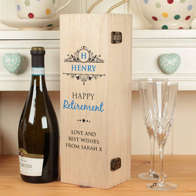 Initial Frame Happy Retirement Hinged Wooden Champagne Prosecco Bottle Gift Box-Love Lumi Ltd