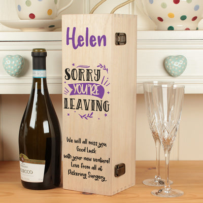 Personalised Sorry You're Leaving Hinged Wooden Champagne Prosecco Bottle Gift Box-Love Lumi Ltd