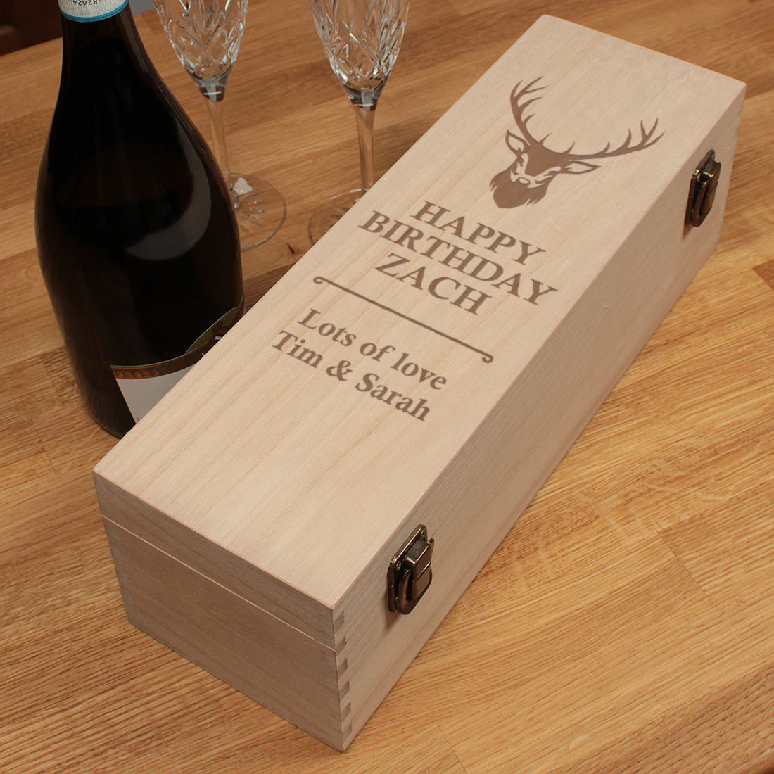 Engraved Stag Birthday Hinged Wooden Champagne Prosecco Bottle Gift Box-Love Lumi Ltd