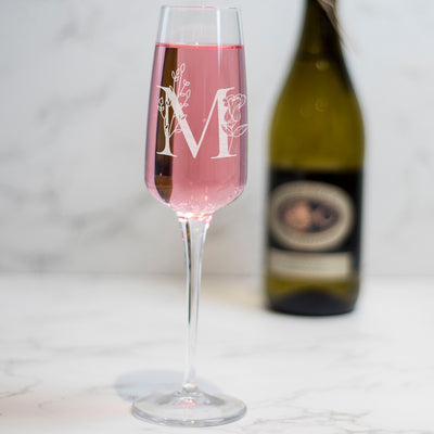 Personalised Floral Initial Monogram Glass Champagne Prosecco Flute-Love Lumi Ltd
