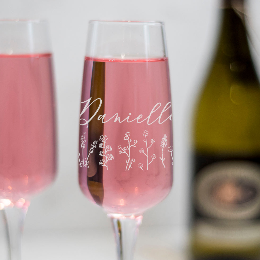 Personalised Name and Wild Flowers Glass Champagne Prosecco Flute-Love Lumi Ltd