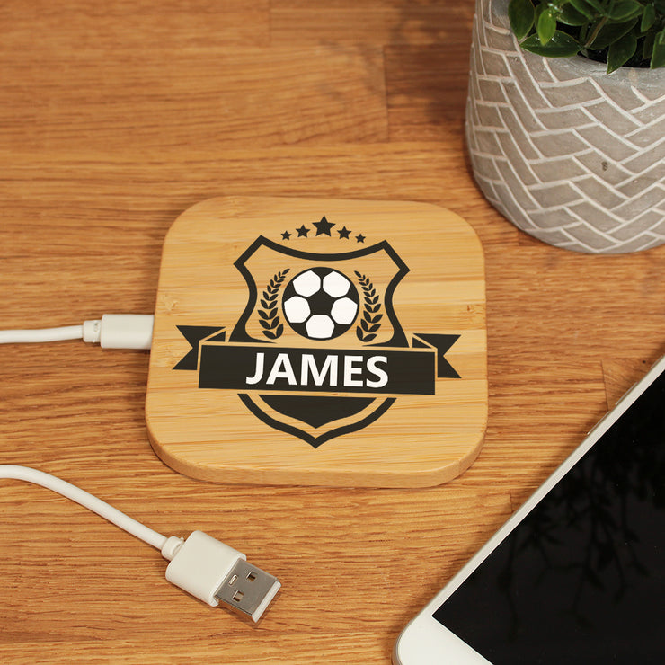 Personalised Football Badge Bamboo Wireless Phone Charging Pad-Love Lumi Ltd