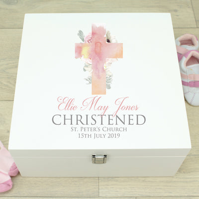 Watercolour Cross Christening Keepsake Memory Box-Love Lumi Ltd