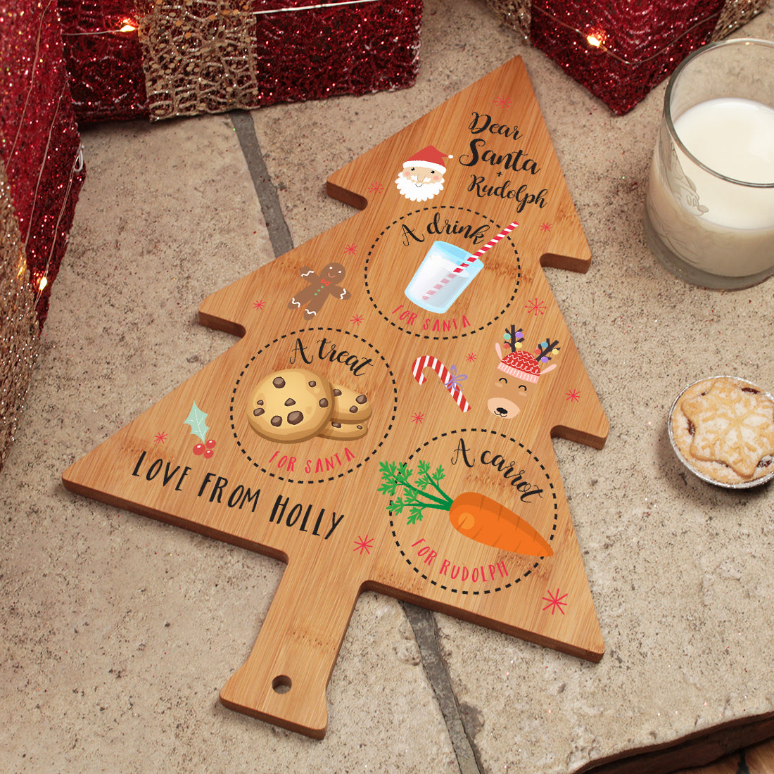 Personalised Tree Shaped Santa and Reindeer Christmas Eve Bamboo Treat Board-Love Lumi Ltd