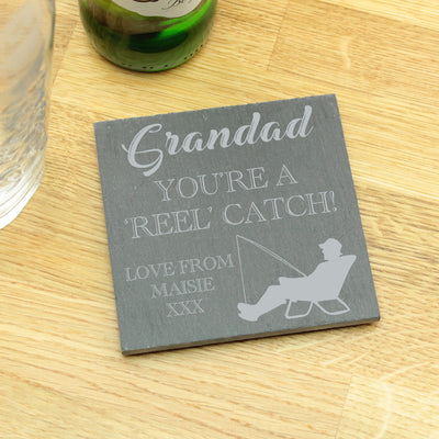 Personalised Engraved 'Reel Catch' Fishing Slate Coaster-Love Lumi Ltd
