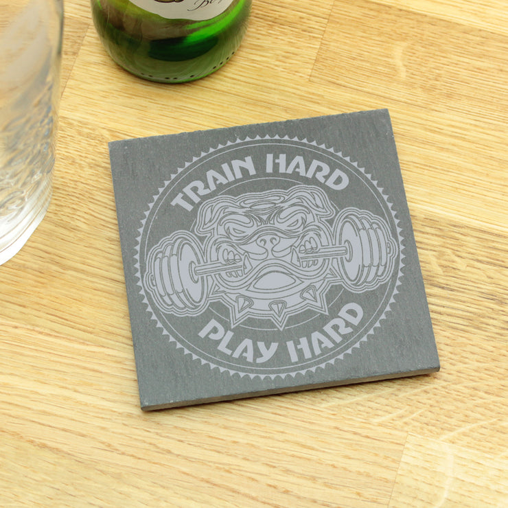Engraved 'Train Hard Play Hard' Slate Drinks Coaster-Love Lumi Ltd