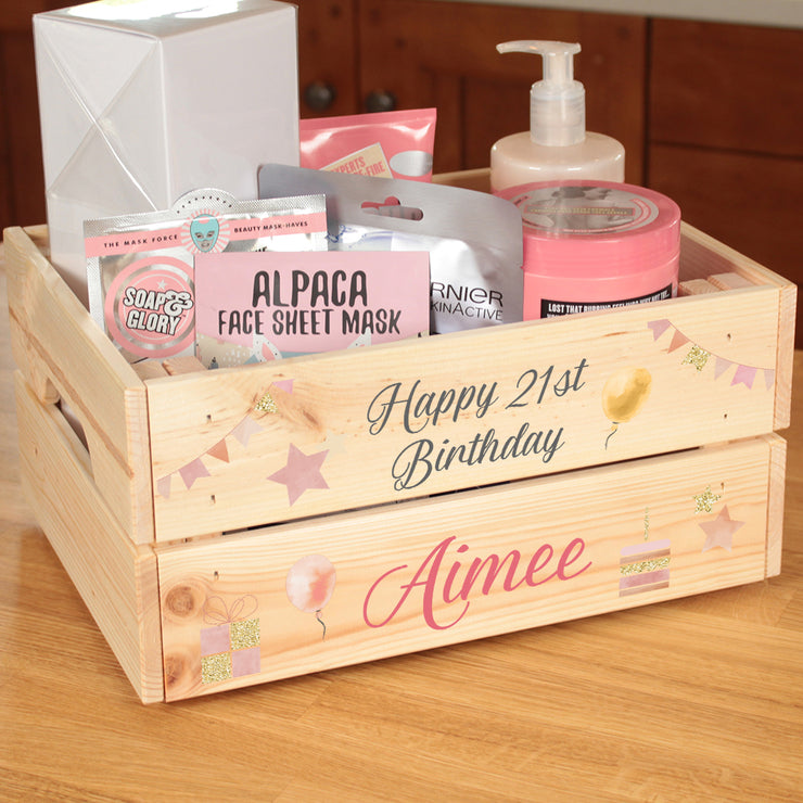 Personalised Happy Birthday Balloons and Stars Gift Box Crate-Love Lumi Ltd