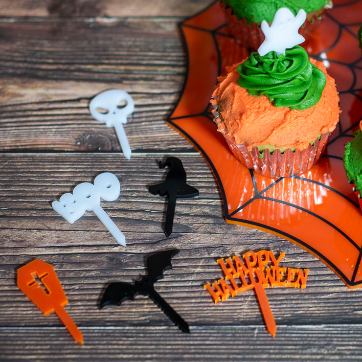 6 x Halloween Icons Acrylic Reusable Party Cupcake Toppers-Love Lumi Ltd